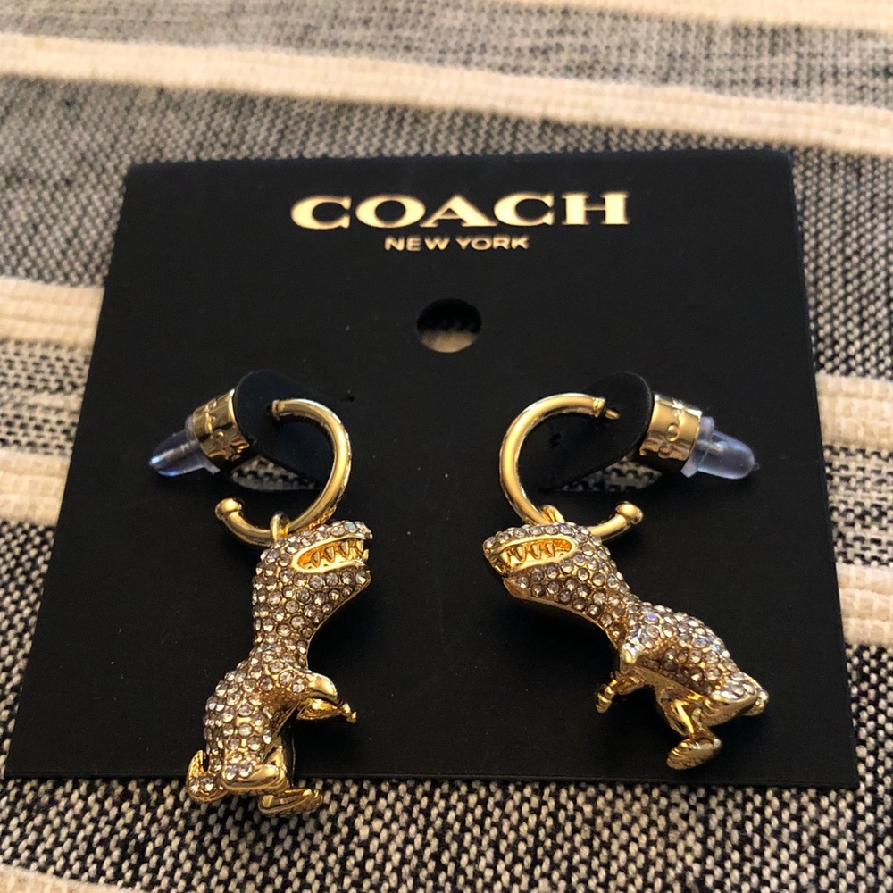 Authentic New on card Coach Gold T-Rex Crystal Hoop Drop Earrings
